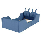Whisen eenpersoonsbed met platform, gestoffeerd kinderbedframe voor op de vloer met konijnenkussen en afneembare zijhekken