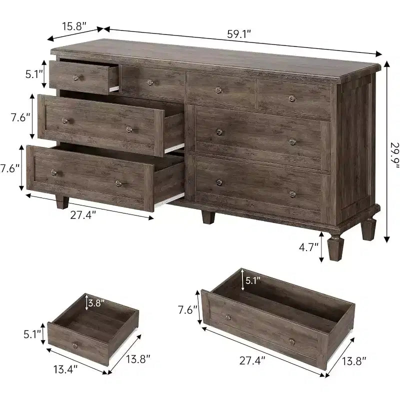 Kommode mit 8 Schubladen fürs Schlafzimmer, Vintage-TV-Kommode 59 mit geschnitzten Griffen und konischen Beinen, Holzkommode mit großem Stauraum