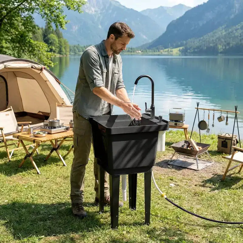 Tragbares Mehrzweck-Waschbecken mit Waschbottich, freistehendes Waschbecken mit Wasserhahn, Seifenspender und Schläuchen