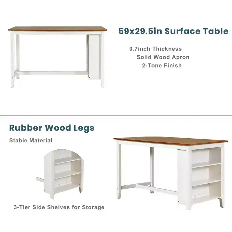 Set Homy Casa da 5 pezzi con tavolo da pranzo e sedie ad altezza bancone, ripiani contenitori, bianco e noce, stile rustico moderno