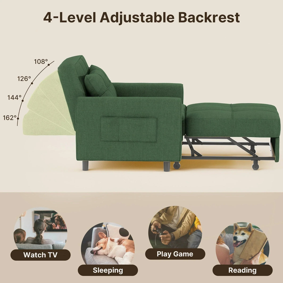 Sofá-cama ajustável 3 em 1, sofá-cadeirão extensível, cama dobrável convertível para sala de estar