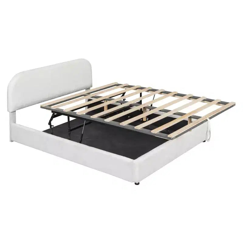 Gestoffeerd queensize bed met opbergruimte en liftmechanisme - wit