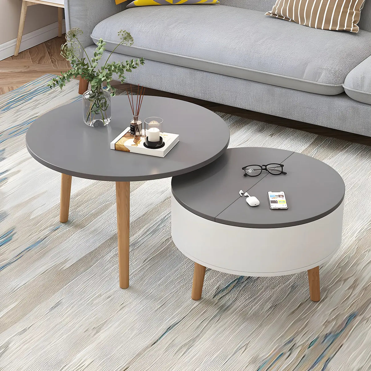 Moderne ronde houten salontafel in zwart-wit met opbergruimte