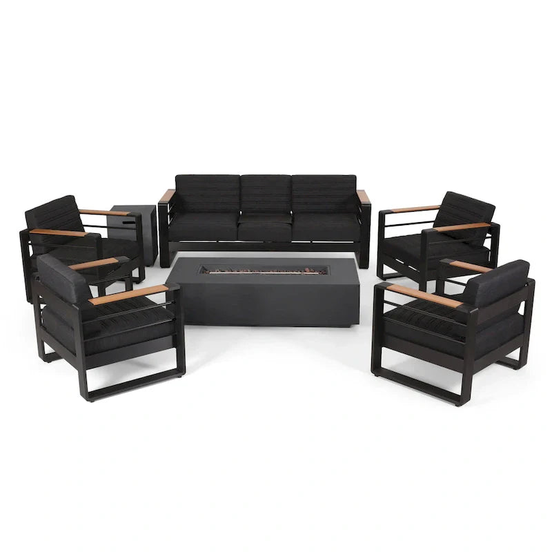 Giovanna Outdoor-Sitzgruppe aus Aluminium für 7 Personen mit Feuerstelle von Christopher Knight Home