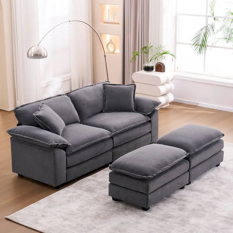 2-Sitzer-Sofa mit 2 Sitzkissen, 2 Kissen und 2 Hockern, bequemes Sofa - tiefes Sofa fürs Wohnzimmer, modulares Sofa