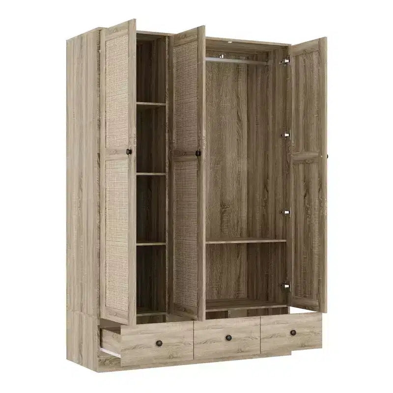 Armadio in rattan Famapy con 3 cassetti e 3 ante traspiranti in rattan, armadio alto in stile rustico per camera da letto