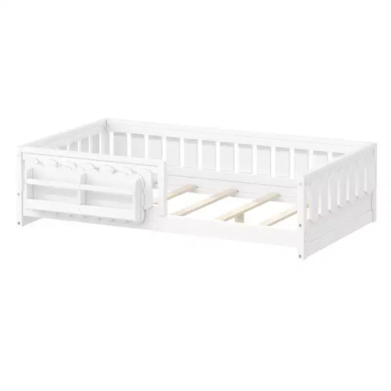 Cadre de lit plateforme pour enfant, format simple ou double, avec barrières de sécurité, bibliothèques intégrées et étagères de rangement