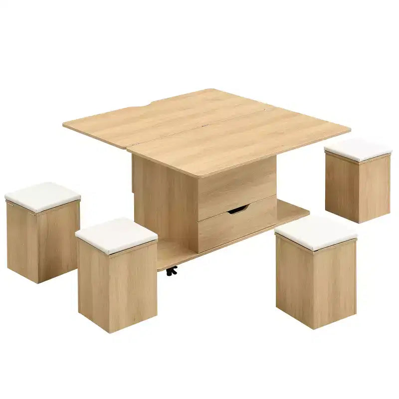 Table basse moderne multifonctionnelle à plateau relevable avec rangement caché, 4 tabourets et roulettes, idéale pour les espaces de vie modernes