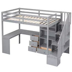Halfhoogslaper in eenpersoonsmaat met L-vormig bureau, 3 laden, kast, opbergruimte in de trap, frame van massief grenenhout en MDF