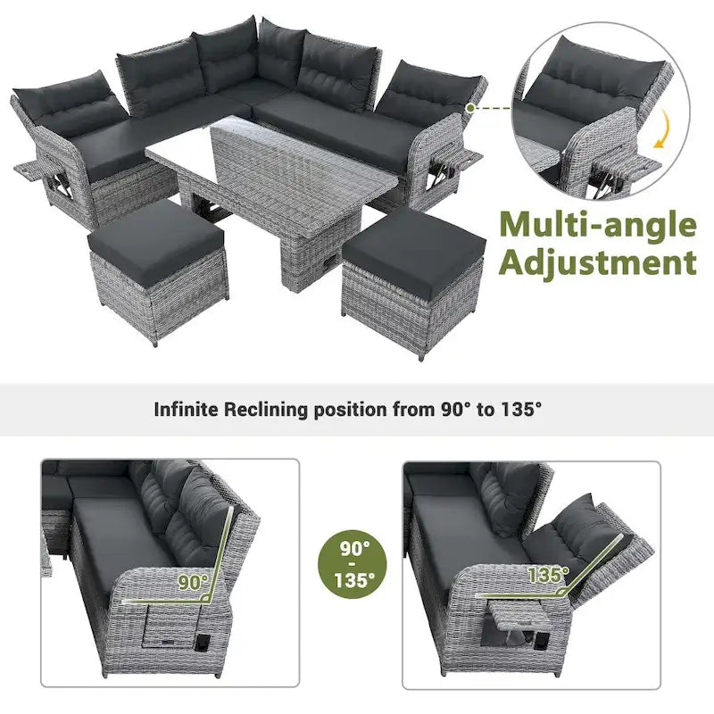 Conjunto de mobiliário de exterior em rattan, com mesa ajustável, cadeiras reclináveis e 2 pufes