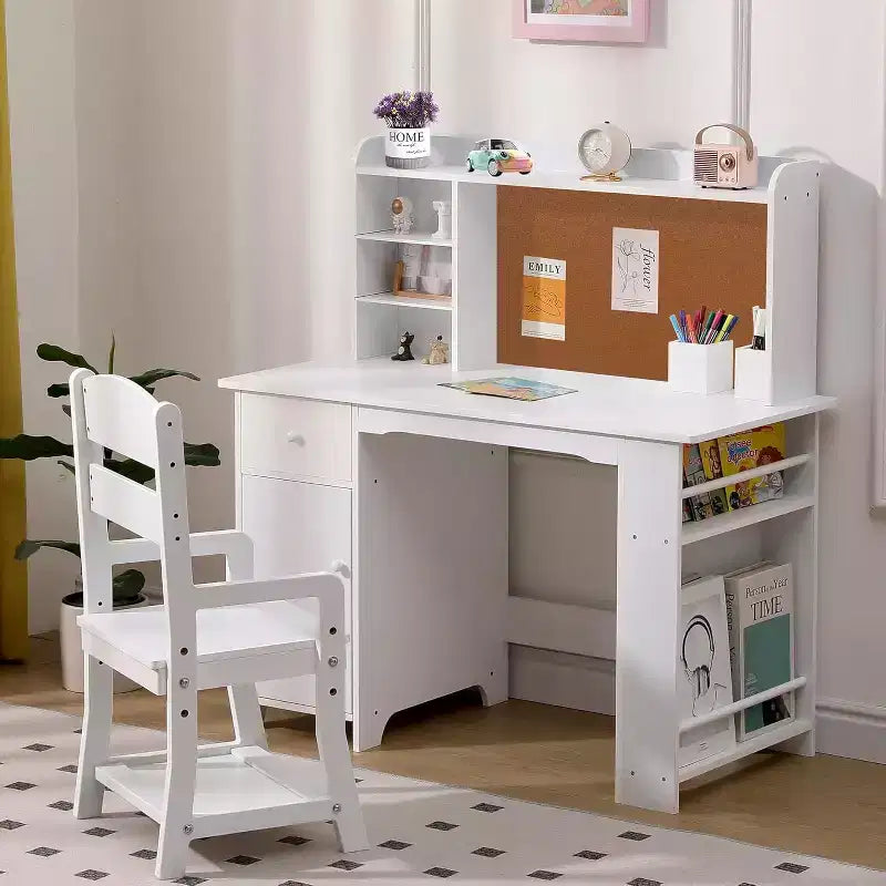 Kinderschreibtisch mit Stuhl für Jungen und Mädchen, hölzerner Kinderschreibtisch mit Bücherregal, Pinnwand, Schrank und Schublade, für Kinder von 3-8 Jahren