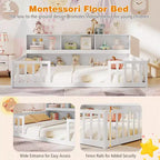 Letto Montessori a terra Twin/Full con libreria, ripiani contenitori e sponde di sicurezza, bianco/grigio