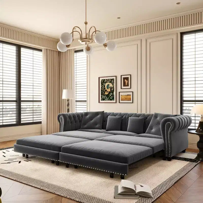 Whisen Schlafsofa aus Samt, 3-in-1, King Size, ausziehbar und umwandelbar, mit beweglichem Ottomanen, gestepptes Design