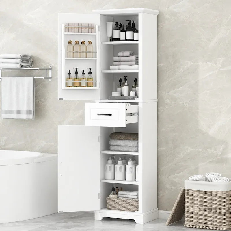 Armoire de salle de bains autoportante à 2 portes, étagères réglables et rangement dans les portes, rangement haut pour salle de bains