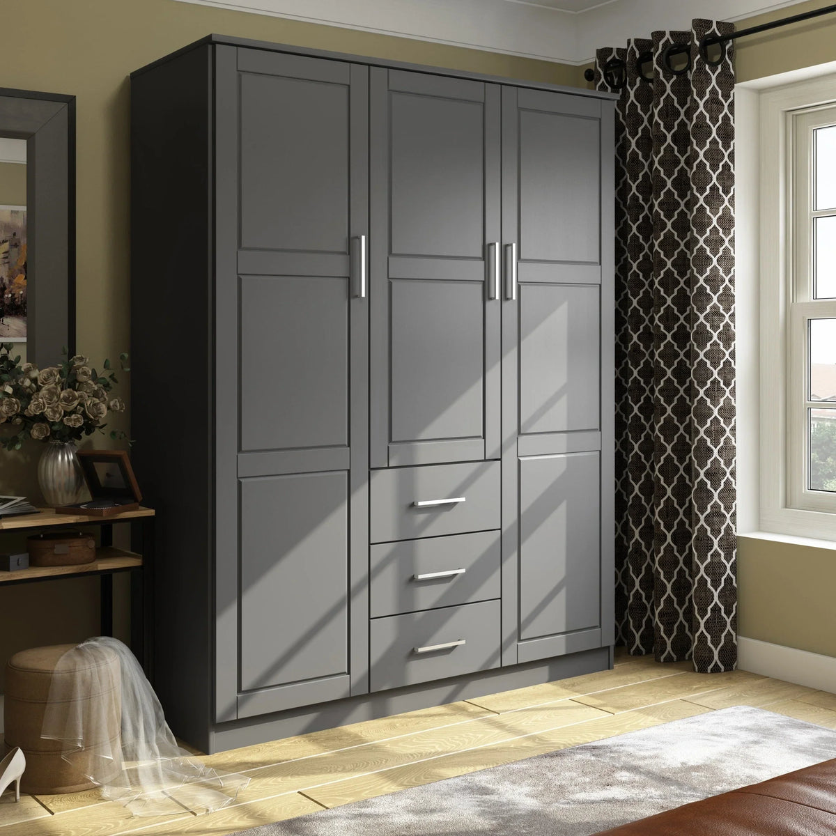 Palace Imports Cosmo Kleiderschrank mit 3 Türen aus 100 % Massivholz und Türen aus Massivholz oder mit Spiegel