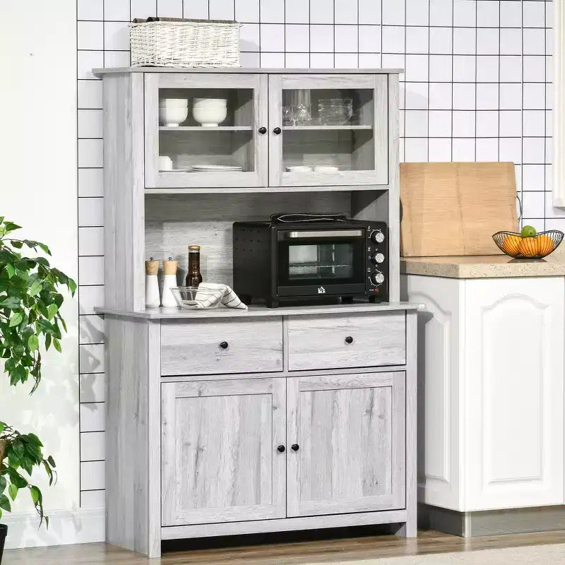 HOMCOM 63.5 Küchenbuffet mit Aufsatzschrank, Vorratsschrank mit 4 Einlegeböden, Schubladen, Glastüren mit Rahmen und offener Ablagefläche für die Mikrowelle