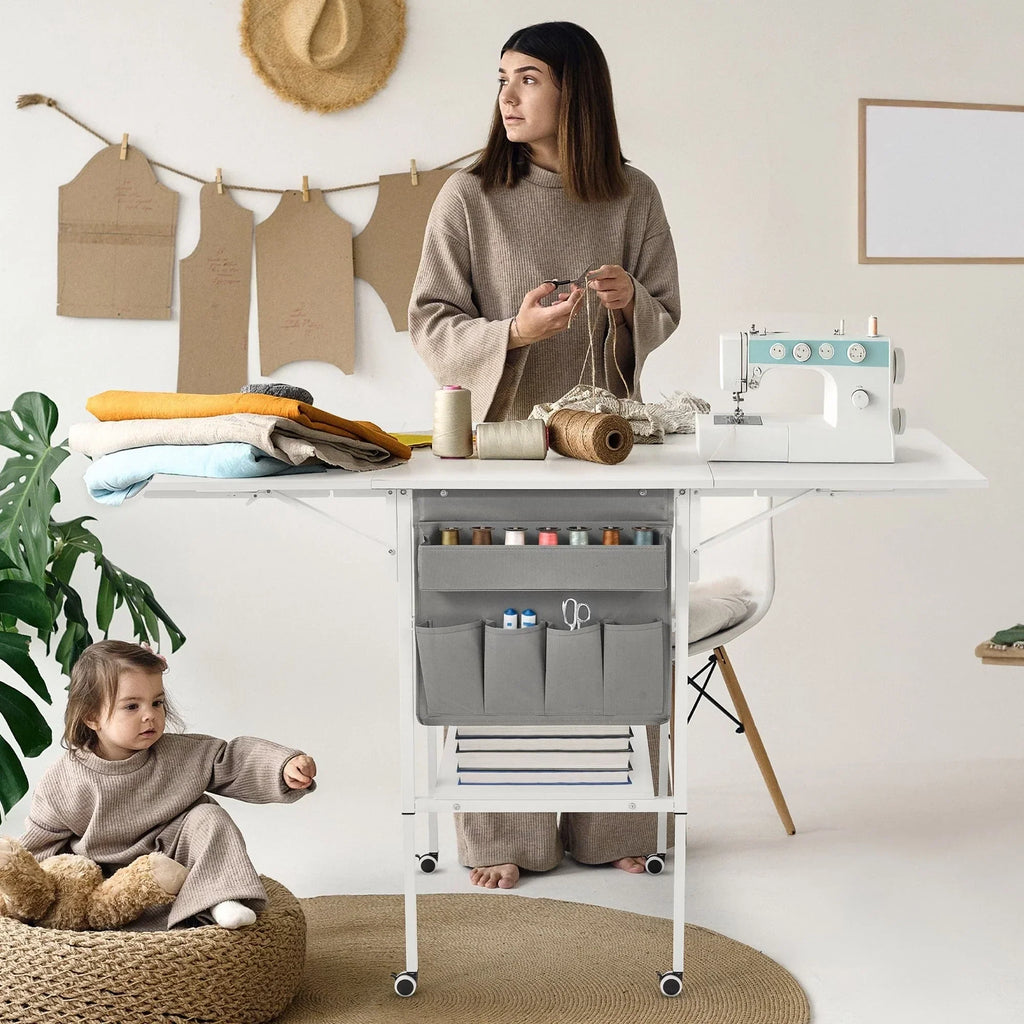 Table d’activités réglable en hauteur avec étagères de rangement, table de découpe pliante et mobile pour bureau à domicile, couture ou loisirs créatifs