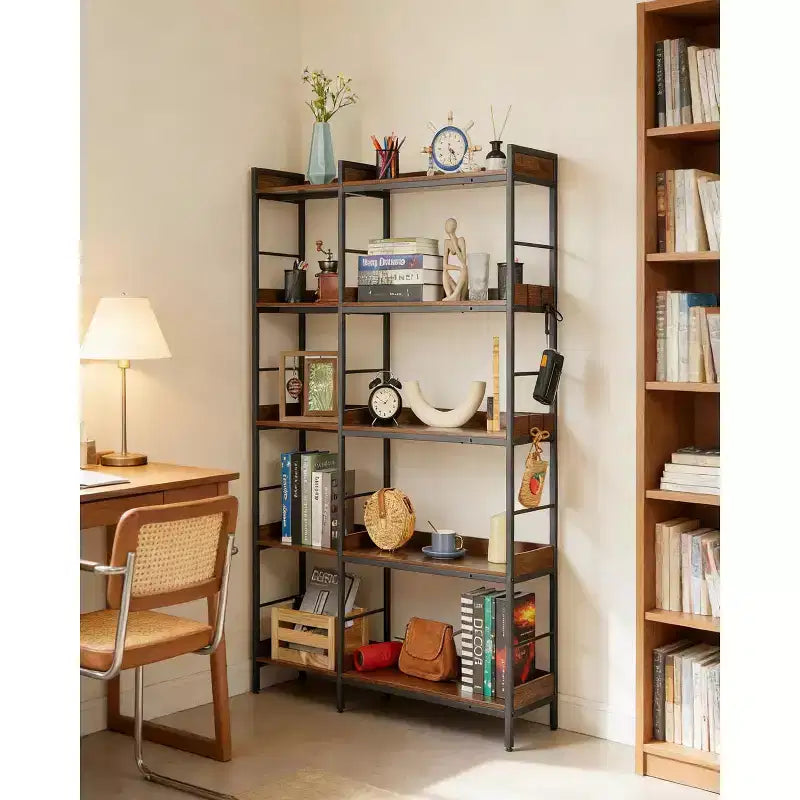 Libreria angolare a L con 5 ripiani, 65, in legno e metallo stile industriale (marrone rustico), con contenitori reversibili per soggiorno, camera da letto e ufficio domestico