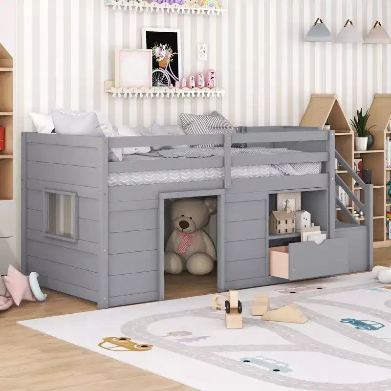 Okak Massivholz-Hochbett für Einzelmatratzen mit Treppe und Stauraum, niedriges Etagenbett mit Schubladen und Regalen, multifunktionales Hochbett für Kinder und Jugendliche