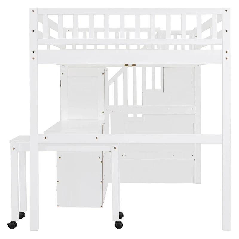 Lit mezzanine taille double avec escalier, bibliothèque, bureau et armoire - meuble multifonctionnel gain de place pour enfants et adolescents-Blanc