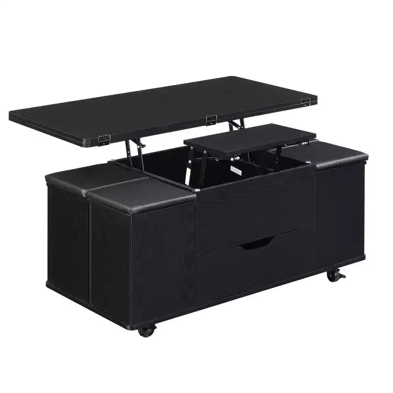 Table basse moderne multifonctionnelle à plateau relevable avec rangement caché, 4 tabourets et roulettes, idéale pour les espaces de vie modernes