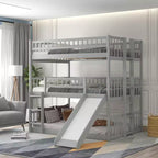 Dreifach-Etagenbett mit zwei Doppelbetten, umbaubarer Leiter und Rutsche, mit Schutzgittern, Weiß/Grau/Espresso - ModernLuxe