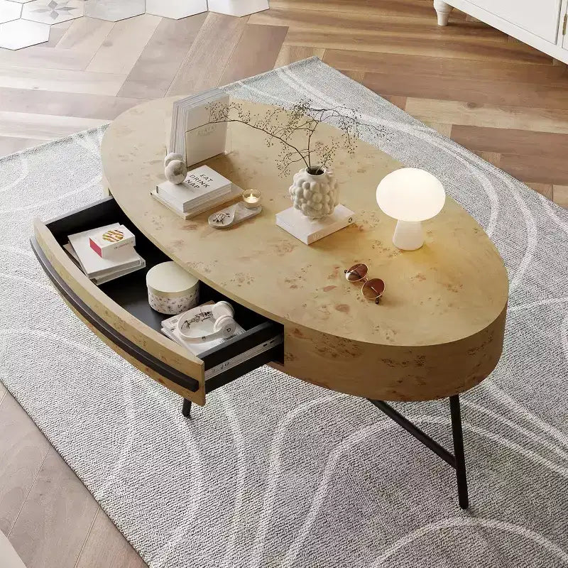 Owalny stolik kawowy Acekool z szufladą, 47.2, drewniany stolik ze schowkiem i metalowymi nogami krzyżakowymi, nowoczesny stolik w stylu mid-century, w kolorze naturalnym i złotej wierzby