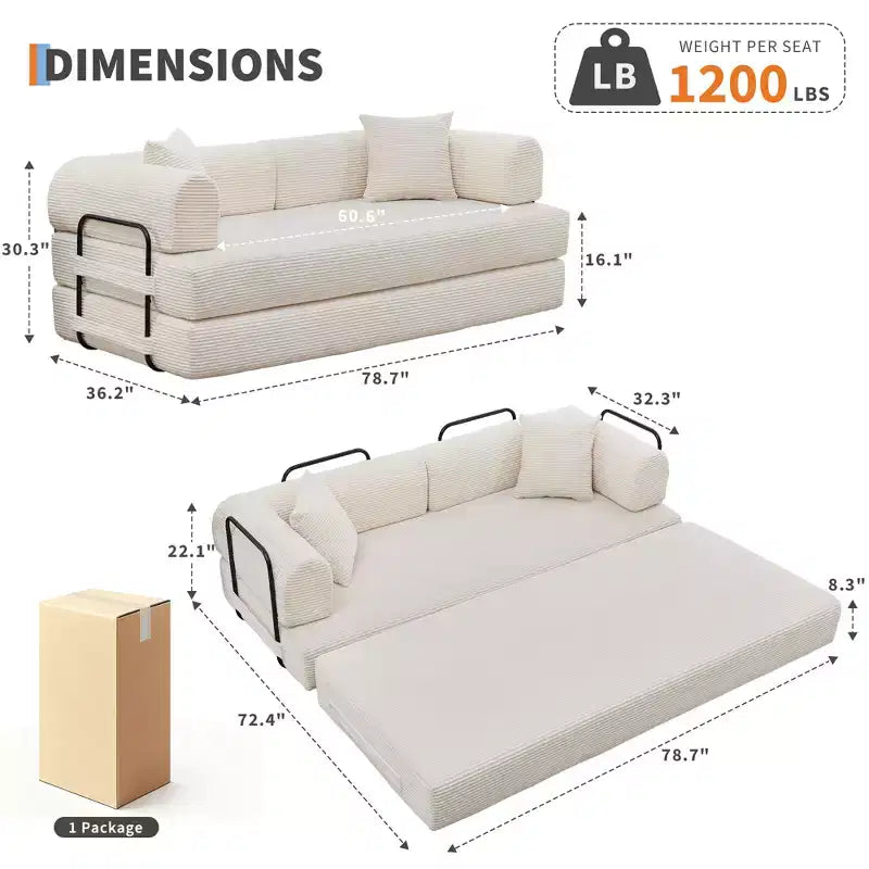 Canapé-lit convertible 4-en-1, matelas de sol pliant en velours côtelé sans cadre de 79 avec coussin, causeuse sans montage pour petit appartement