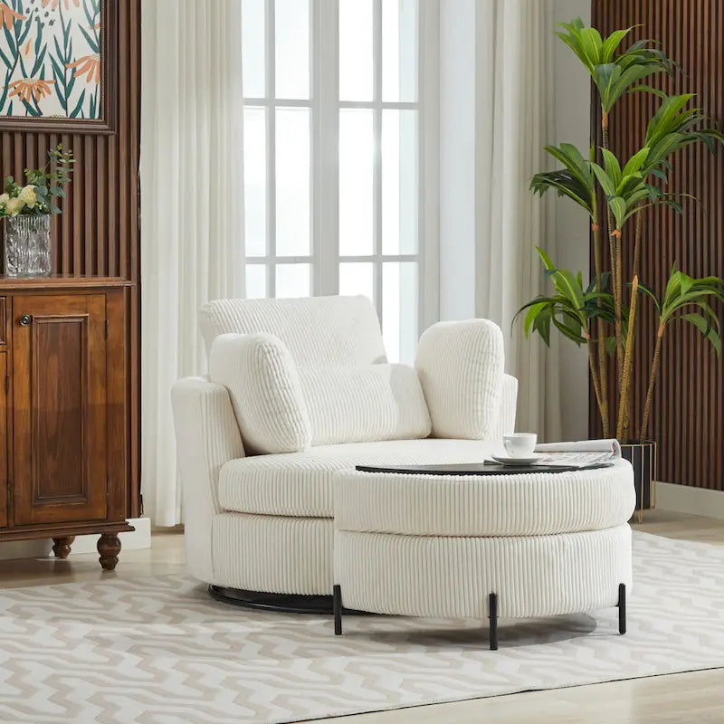 Περιστρεφόμενη πολυθρόνα με επένδυση, πλάτους 42.3W, με 4 μαξιλάρια και ημικυκλικό αποθηκευτικό σκαμπό