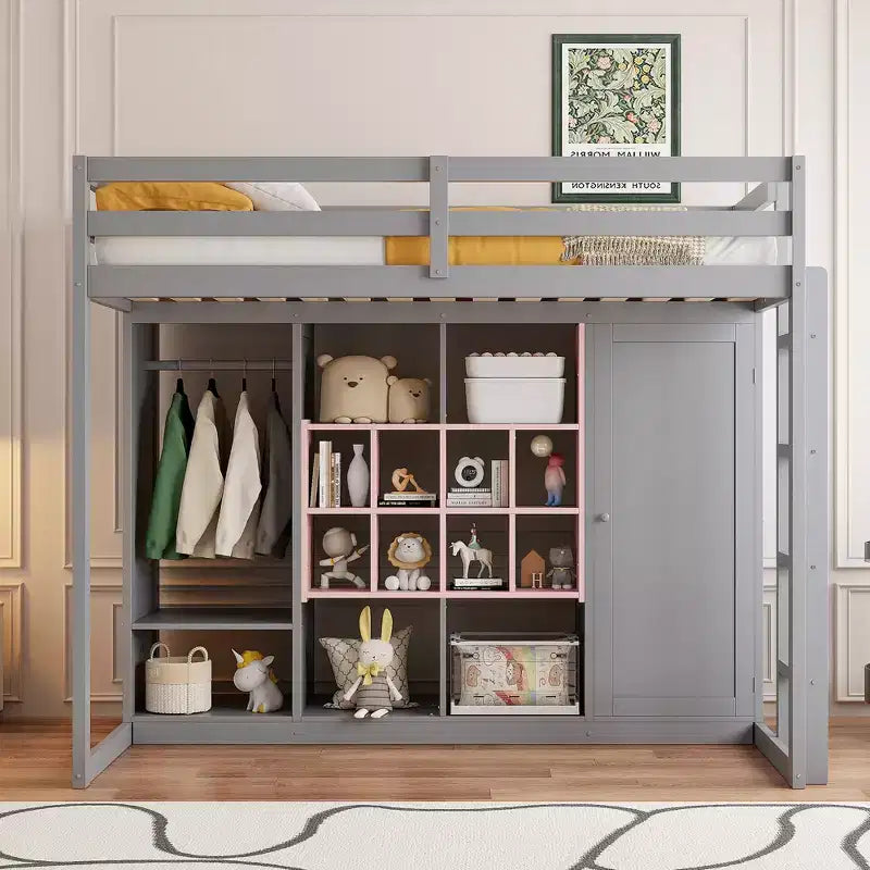 Kinder-Hochbett mit Kleiderschrank und Regalen, Holz-Hochbettrahmen mit Stauraumschrank für Kinder und Jugendliche