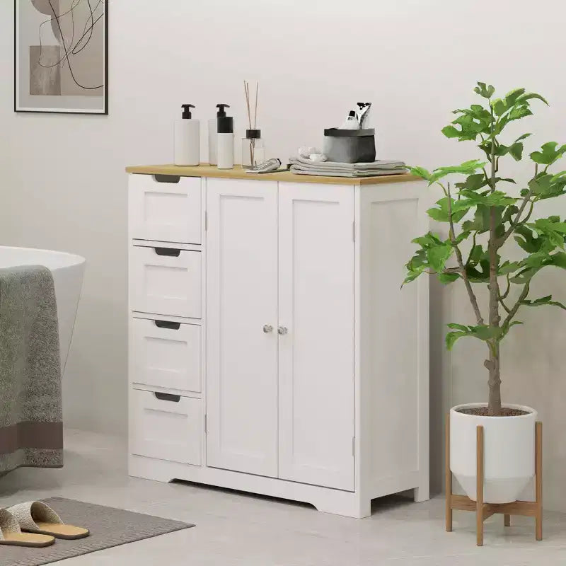 Meuble de salle de bains HOMCOM avec étagère réglable, meuble de rangement autoportant avec 4 tiroirs et 2 portes, blanc