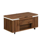 Table basse moderne multifonctionnelle à plateau relevable avec rangement caché, 4 tabourets et roulettes, idéale pour les espaces de vie modernes