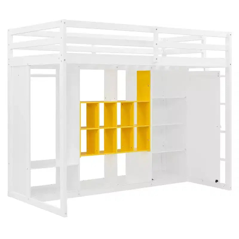 Kinder-Hochbett mit Kleiderschrank und Regalen, Holz-Hochbettrahmen mit Stauraumschrank für Kinder und Jugendliche