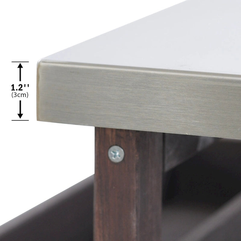 Îlot de cuisine d’extérieur, chariot de bar roulant et meuble de rangement, table de barbecue en bois massif avec plateau en acier inoxydable, porte-épices, porte-serviettes