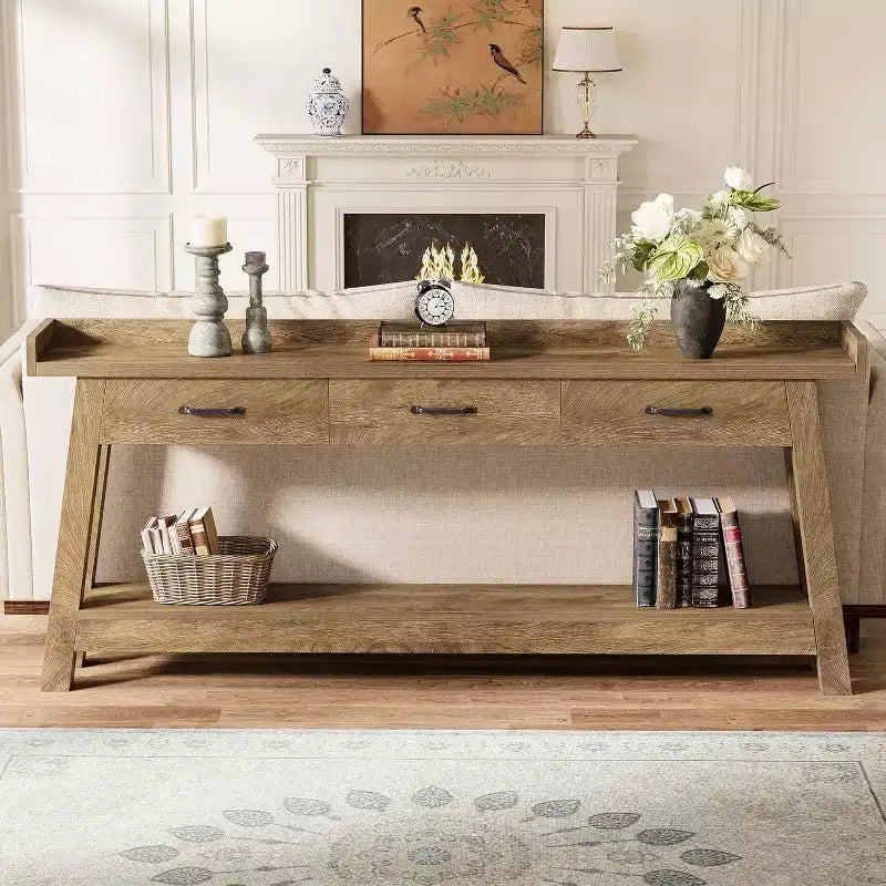 Lantine zitbanktafel met 2 niveaus en 3 laden, consoletafel van 70.9 met opstaande rand en opbergplanken voor de woonkamer, hal of entree