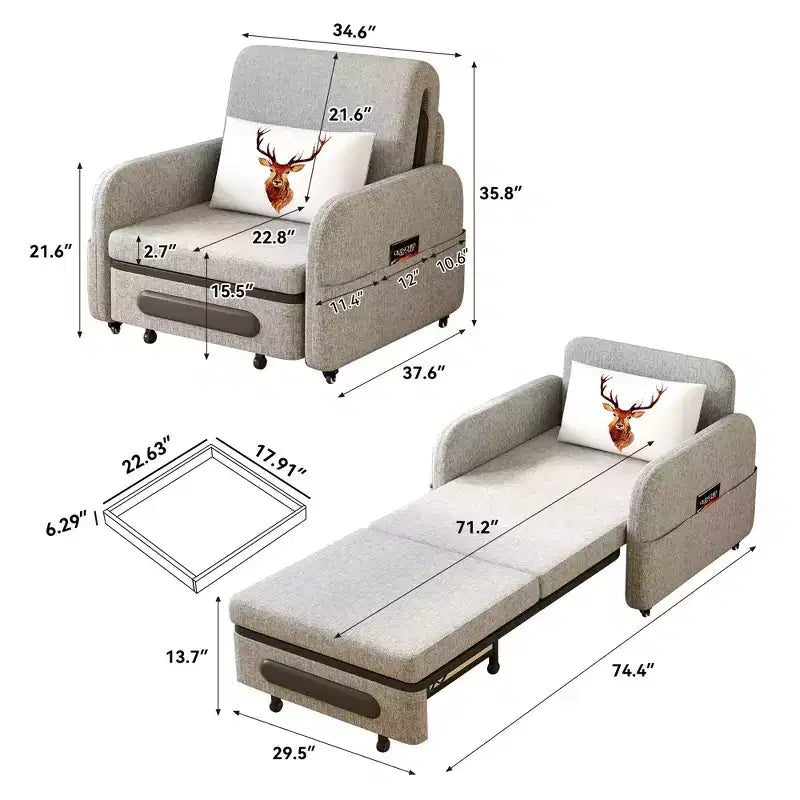 Gaoyangjiaju 3-in-1-Schlafsessel mit Stauraumschublade - ausziehbares Schlafsofa mit Seitentasche und Kissen - Grau