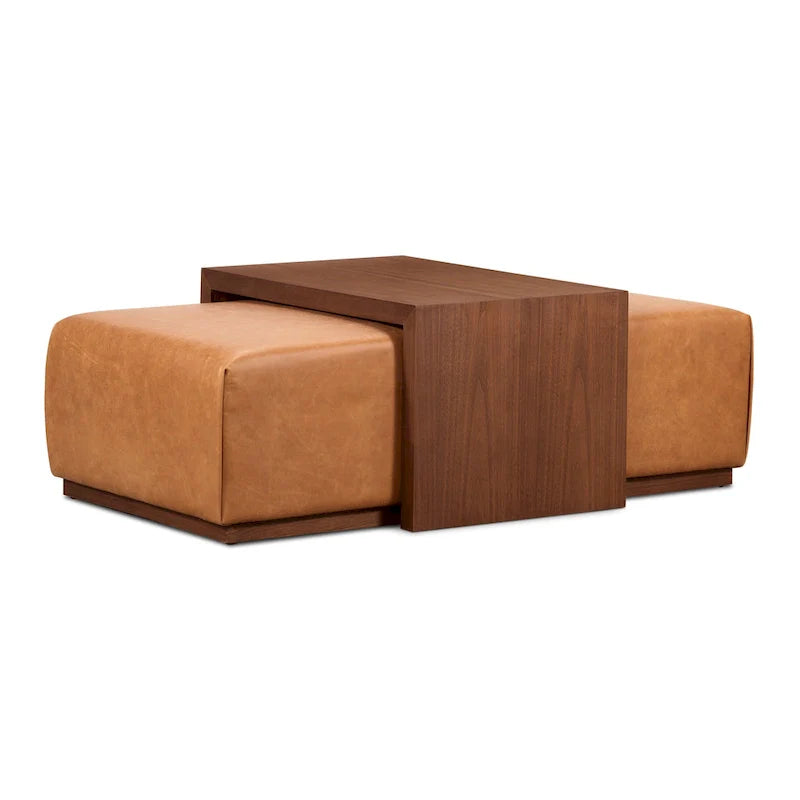 Pouf Jarmo Poly & Bark avec tablette en noyer réglable - cuir italien véritable pleine fleur