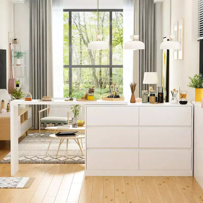 Smart Rotatable/Extendable Buffet Sideboard with 6 Drawers, Extended Countertop, Non-slip Mat, Rotating Dining Table, Kitchen Island Pantry