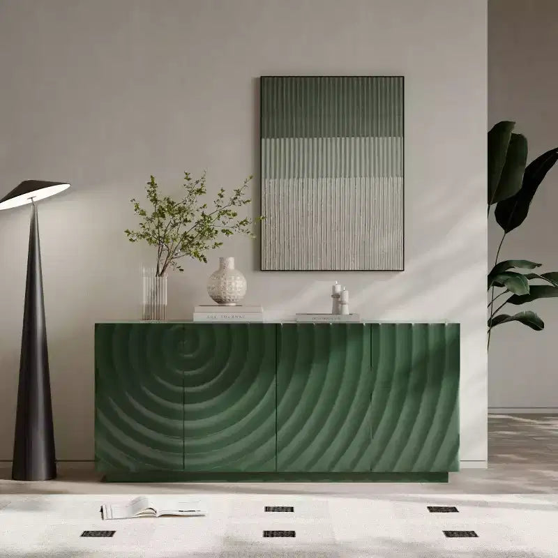 59 moderner Spiralen-Sideboardschrank, flacher kunstvoller Aufbewahrungsschrank für den Eingangsbereich mit Türen in 3D-Wellenoptik