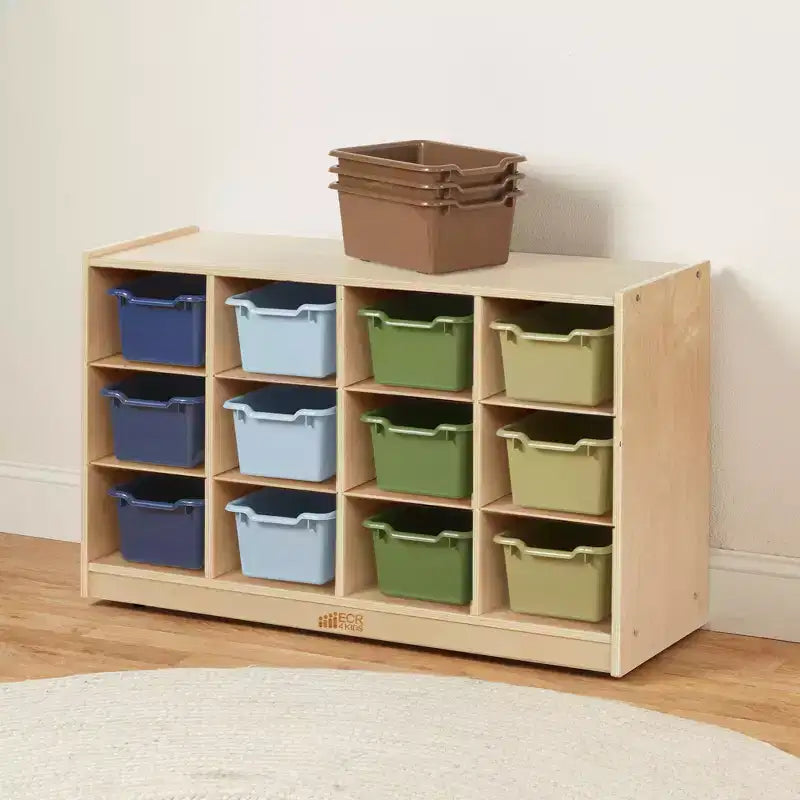 Mobiler Fächerschrank mit Tablettfächern und 15 Behältern mit Schaufelfront, 3x4, Kindermöbel
