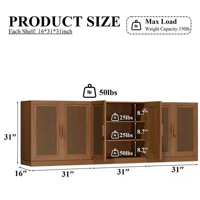 Set van 3 dressoirkasten met rotandeuren en verstelbare planken - 93Lx31H