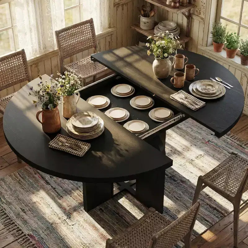 Ausziehbarer runder Esstisch für 4-8 Personen, ausziehbarer Küchentisch aus Holz im Landhausstil mit Metallgestell, ovale platzsparende Form für Wohnungen, Retro-Grau