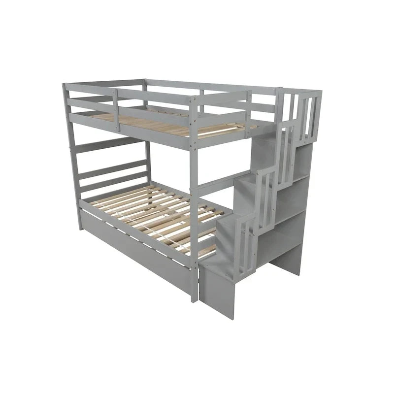Beliche para colchões individuais, com cama extra individual e escadas com arrumação, na cor cinzenta