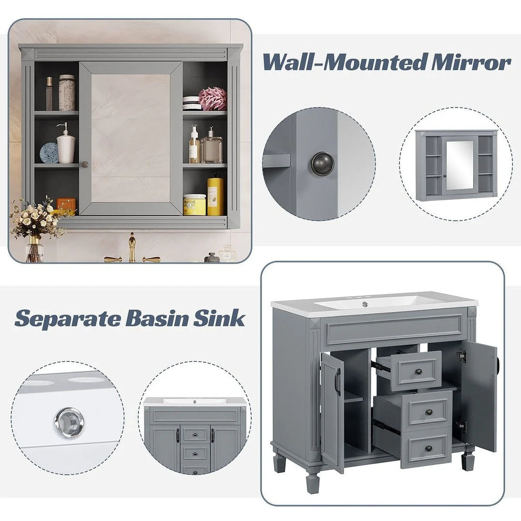 Meuble-lavabo de salle de bains moderne de 36' avec lavabo intégré et armoire à miroir, 2 portes et 2 tiroirs