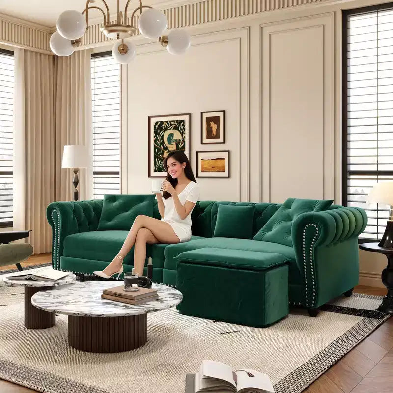 Whisen Schlafsofa aus Samt, 3-in-1, King Size, ausziehbar und umwandelbar, mit beweglichem Ottomanen, gestepptes Design