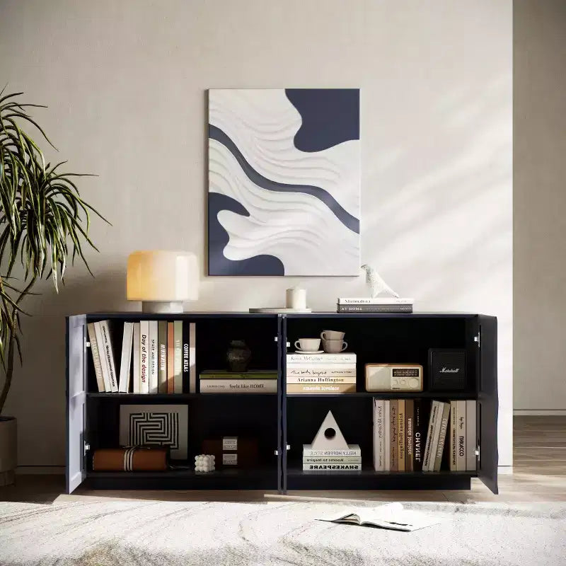 59 moderner Spiralen-Sideboardschrank, flacher kunstvoller Aufbewahrungsschrank für den Eingangsbereich mit Türen in 3D-Wellenoptik