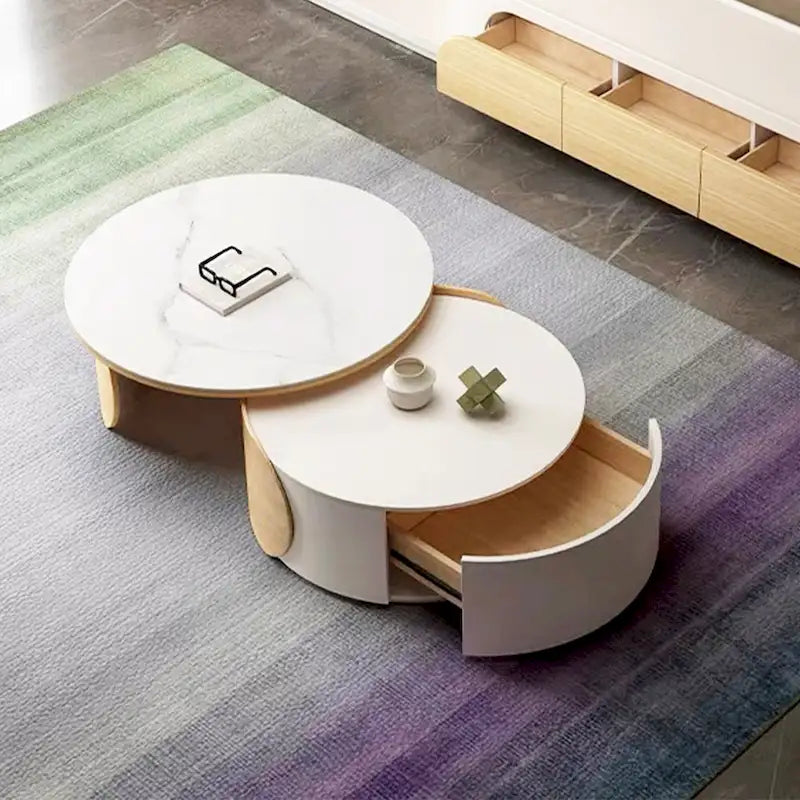 Moderne ronde salontafel, stenen tafelblad, natuurlijk hout - 50  x 31.5