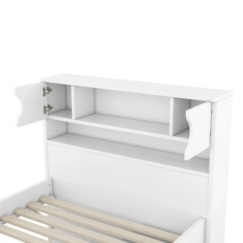Lit plateforme capitaine une place/deux places avec 4 tiroirs et étagères de rangement, cadre en bois massif avec tête de lit bibliothèque et rangements