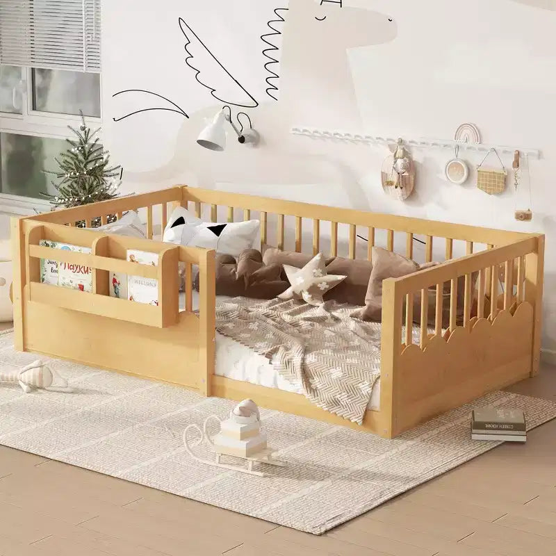 Lit au sol pour enfant Bellemave avec barrières surélevées et bibliothèque, cadre de lit Montessori en bois pour lit simple, pour filles et garçons