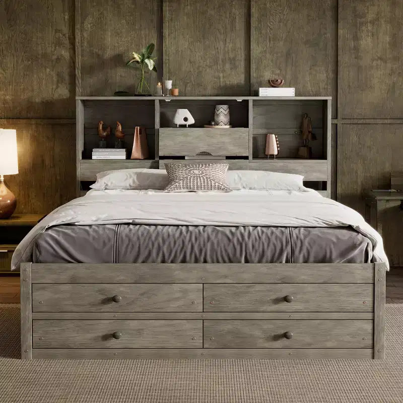 Cama de casal com estrado, prateleira de arrumação e 8 gavetas, fácil de montar